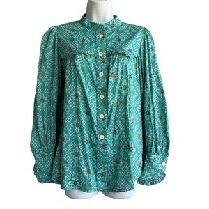 ANDION Victorian Floral Peasant Top XL Teal Ruffle Long Sleeve Boho Blouse